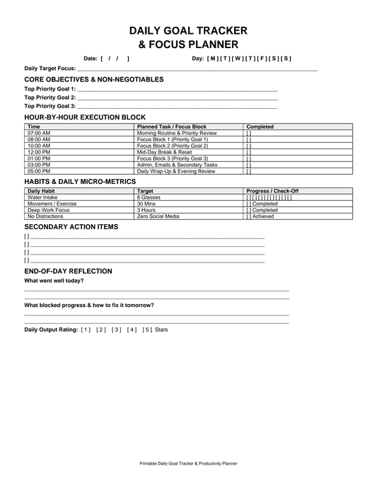 Printable Daily Goal Tracker PDF Focus Planner Productivity Template Digital