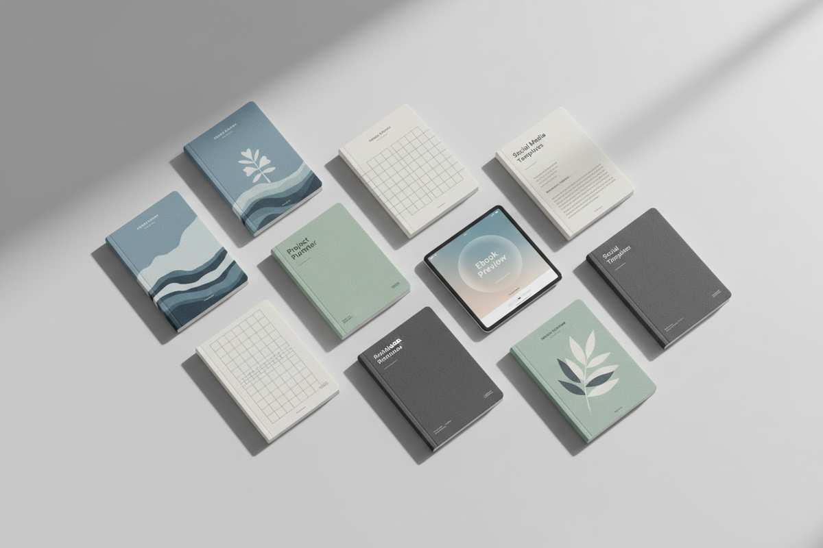 Clean minimal digital guides flat lay